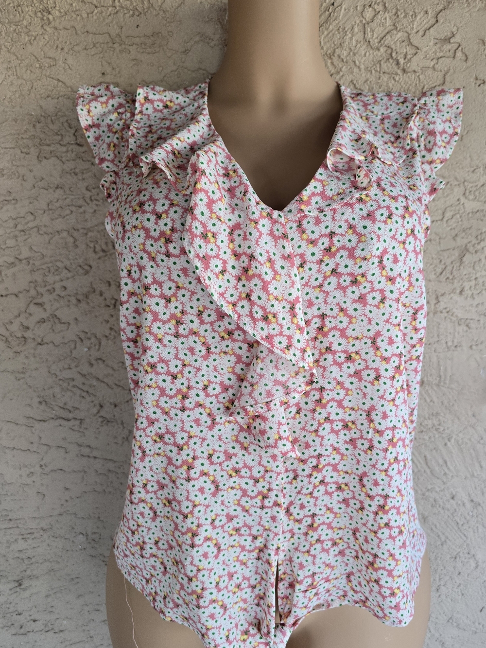 Monteau Pink Floral Ruffle V-Neck Blouse